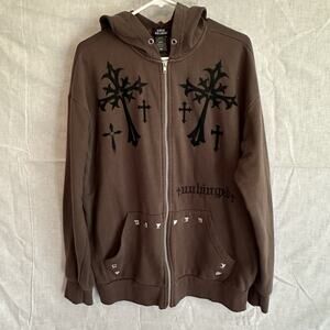 Social Collision Mens M Brown Gothic Cross Studded Full Zip Hoodie Y2K Emo